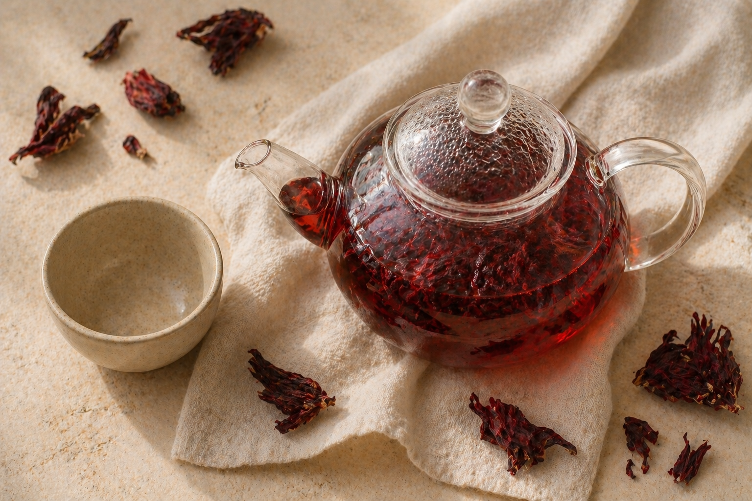 http://Tetera%20de%20vidrio%20con%20infusión%20de%20hibisco%20rojo%20sobre%20tela%20de%20lino%20crema%20con%20flores%20secas%20y%20taza%20cerámica%20beige%20en%20composición%20minimalista%20con%20luz%20cálida