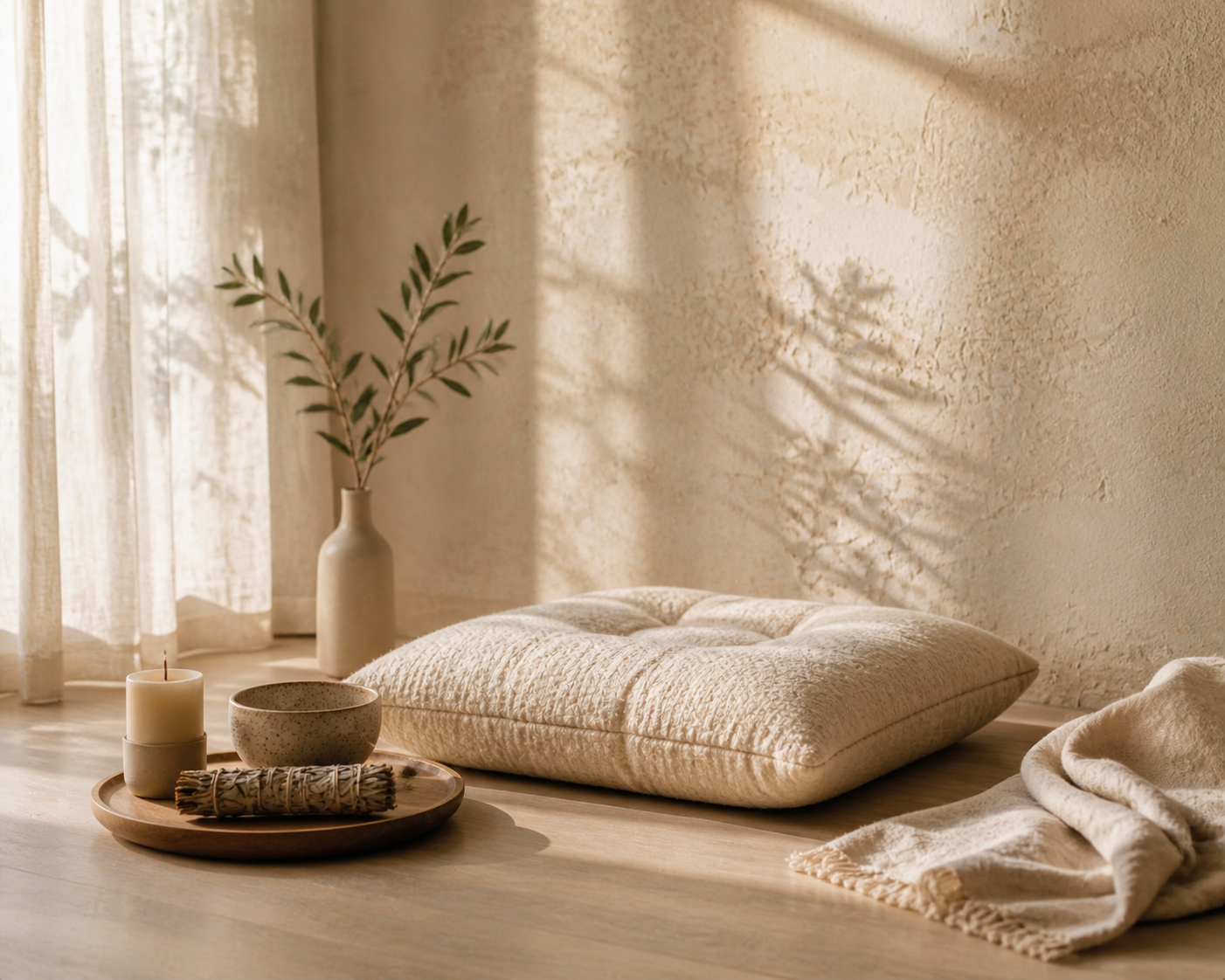http://Rincón%20de%20meditación%20con%20cojín%20beige,%20vela,%20cuenco%20y%20rama%20de%20olivo%20sobre%20mesa%20de%20madera%20con%20luz%20cálida%20y%20estética%20wellness%20minimalista
