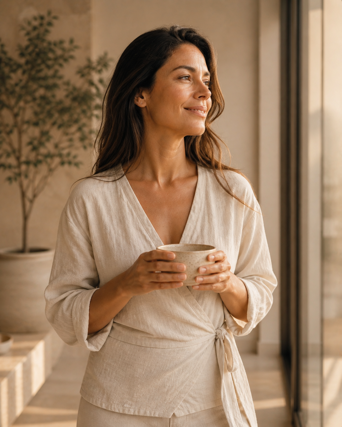 http://Mujer%20adulta%20sosteniendo%20una%20taza%20cerámica%20y%20mirando%20hacia%20la%20luz%20natural%20en%20ambiente%20cálido%20con%20estética%20wellness%20minimalista