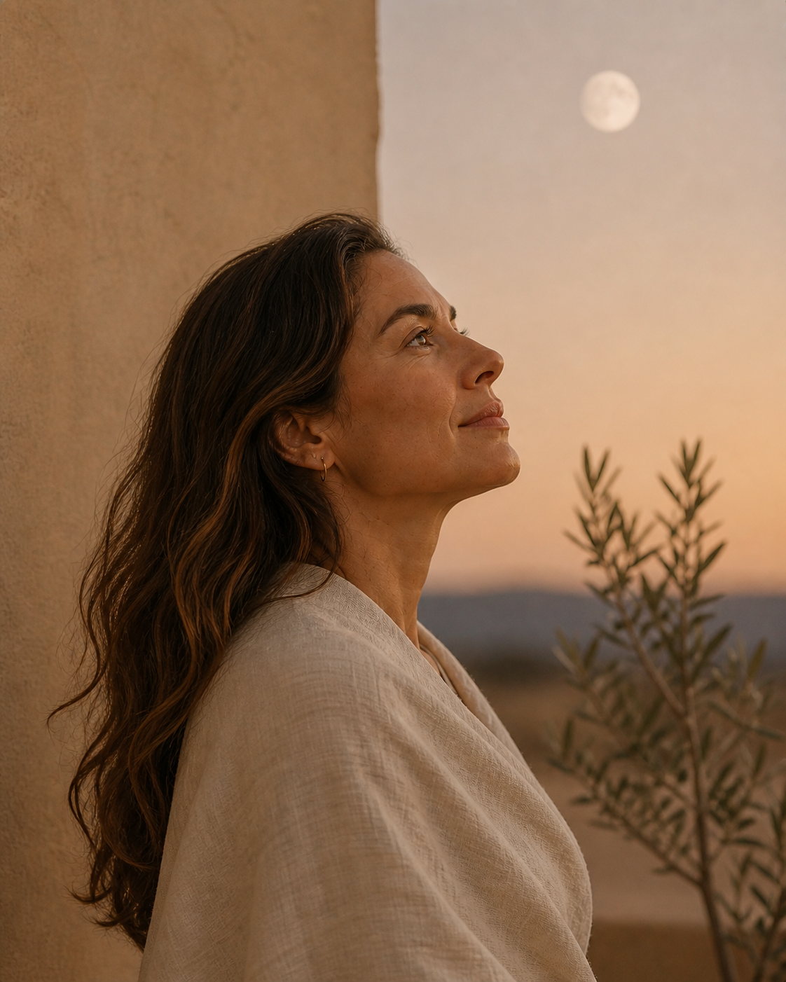 http://Mujer%20de%20perfil%20mirando%20el%20cielo%20al%20atardecer%20con%20luz%20cálida%20y%20luna%20tenue%20en%20ambiente%20sereno%20de%20estética%20wellness%20minimalista