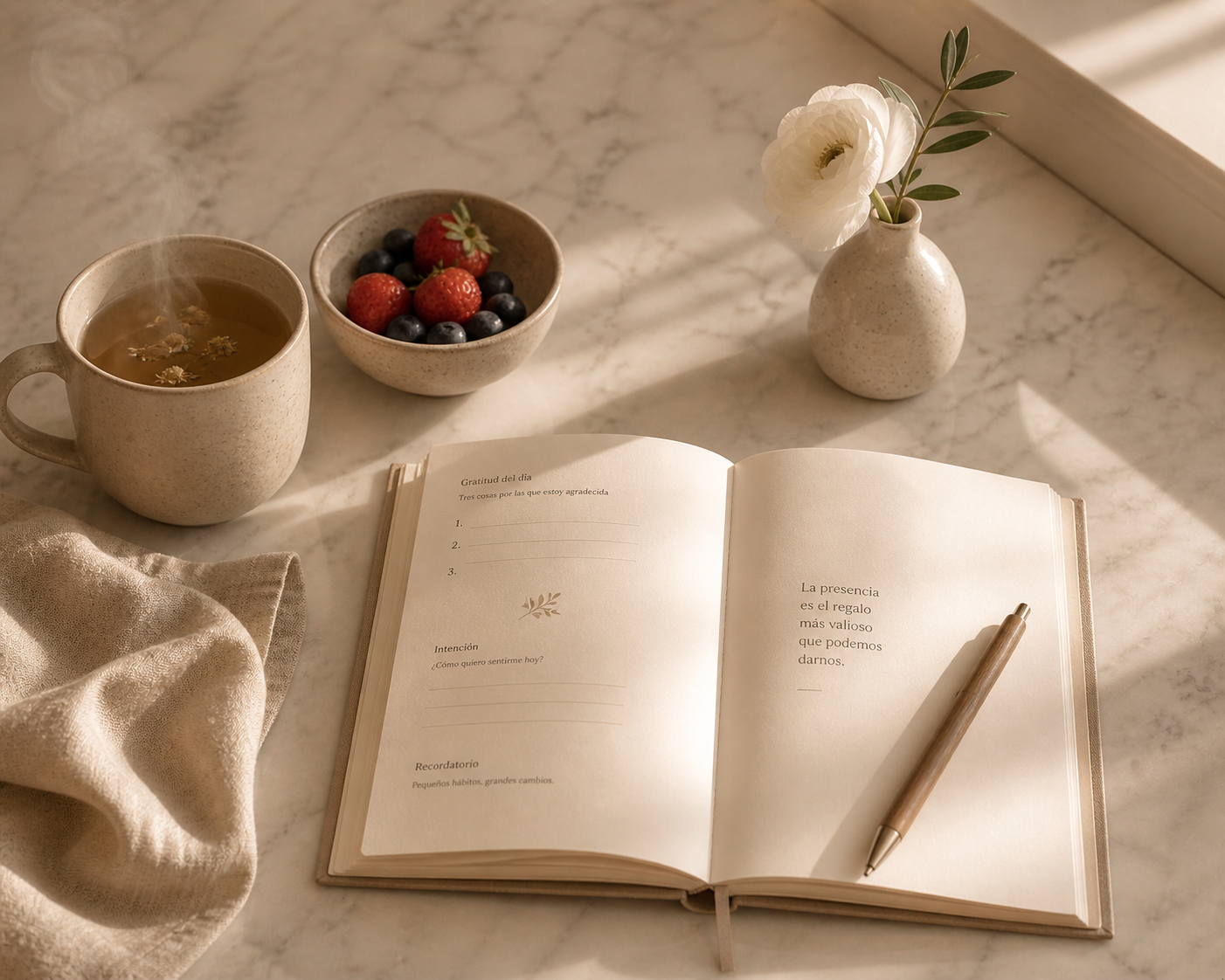 http://Escritorio%20de%20cocina%20minimalista%20con%20taza%20de%20té,%20cuaderno%20abierto,%20frutas%20y%20flor%20blanca%20sobre%20mármol%20con%20luz%20natural%20cálida%20y%20estética%20wellness