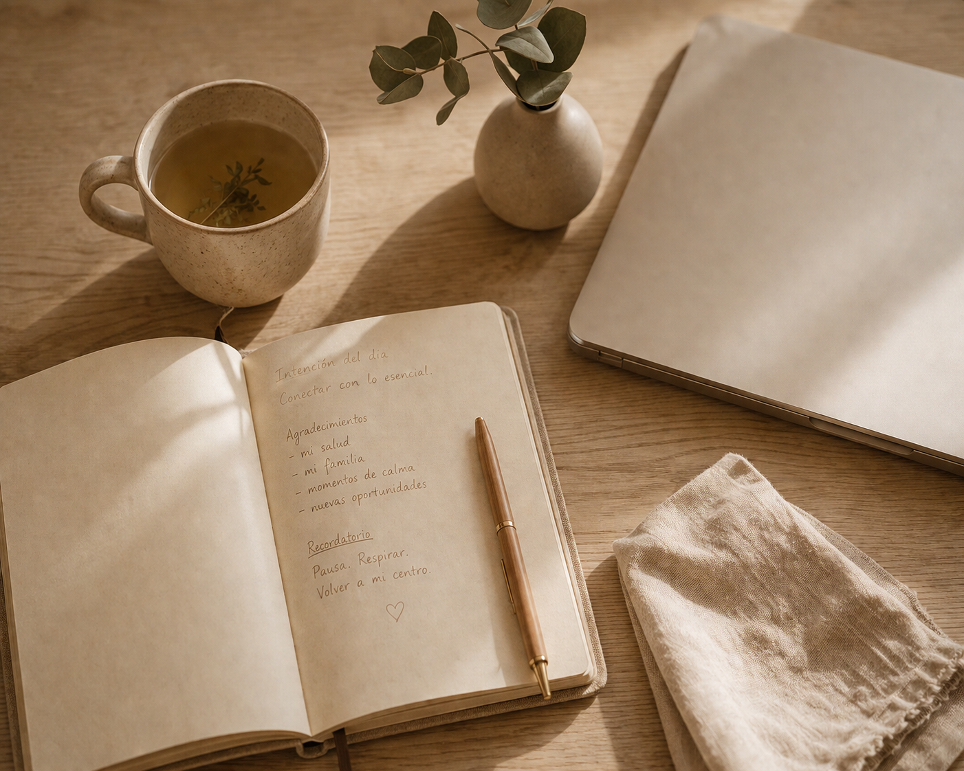 http://Escritorio%20minimalista%20con%20taza%20de%20té,%20cuaderno%20abierto%20con%20notas%20y%20lápiz%20de%20madera%20junto%20a%20laptop%20y%20eucalipto%20con%20luz%20cálida%20natural