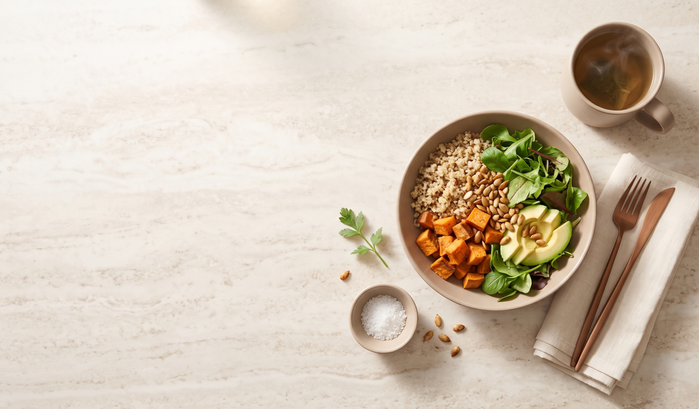 http://Bowl%20saludable%20con%20quinoa,%20camote,%20palta,%20hojas%20verdes%20y%20semillas%20junto%20a%20una%20taza%20de%20té%20de%20hierbas%20sobre%20mesa%20de%20mármol.