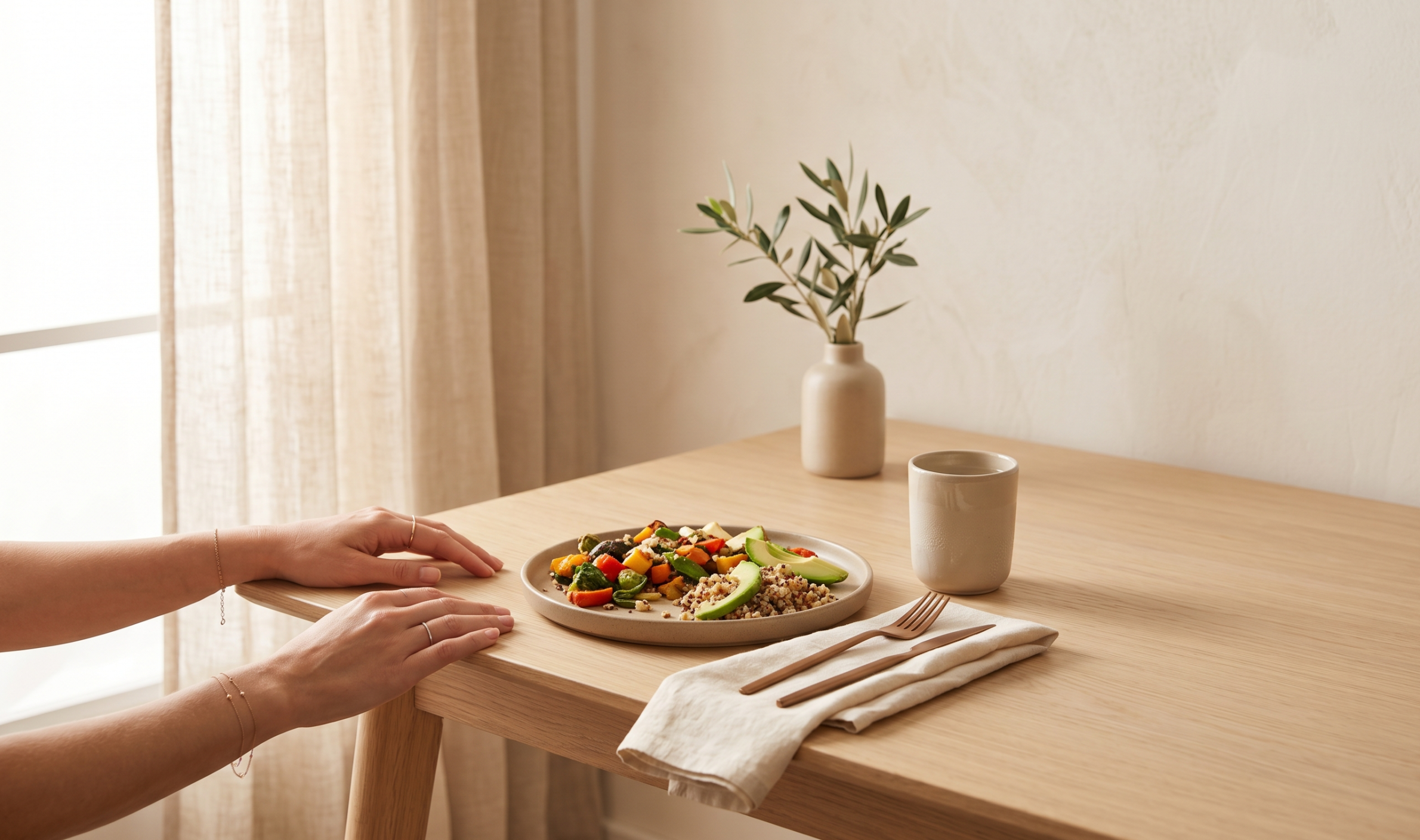 http://Mujer%20haciendo%20una%20pausa%20consciente%20durante%20una%20comida%20saludable%20con%20plato%20de%20quinoa,%20vegetales%20y%20palta%20sobre%20mesa%20de%20madera.