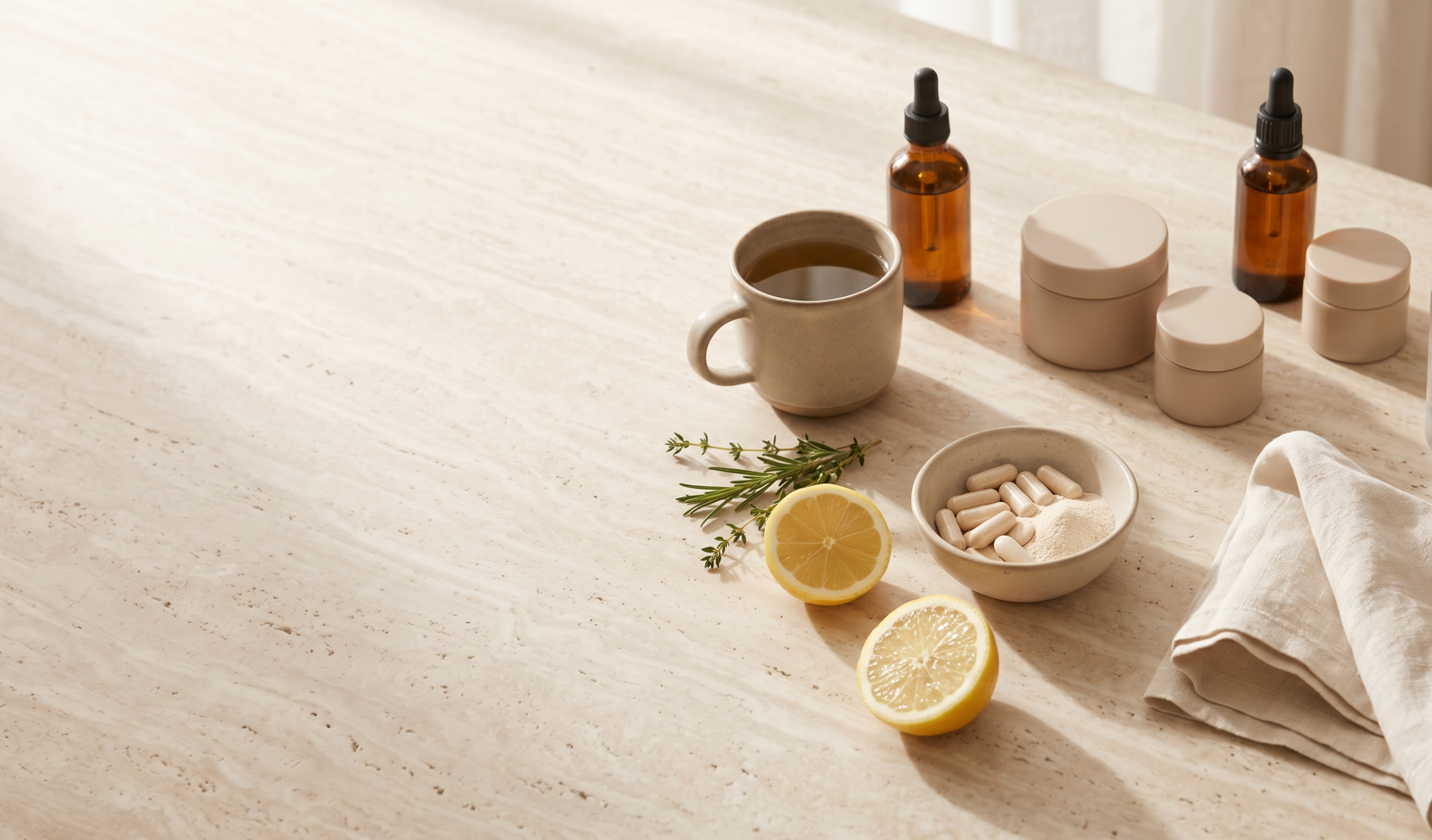 http://Productos%20de%20skincare,%20suplementos,%20té%20de%20hierbas%20y%20limón%20sobre%20mesa%20de%20mármol%20para%20una%20rutina%20de%20cuidado%20integral.