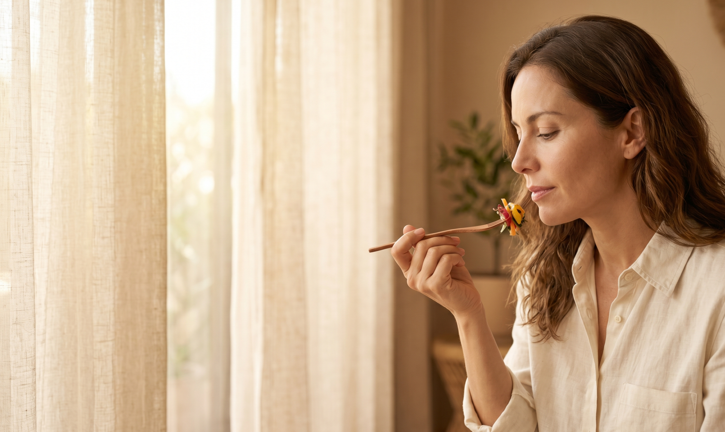 http://Mujer%20practicando%20masticación%20consciente%20saboreando%20un%20bocado%20de%20vegetales%20con%20tenedor%20de%20madera%20junto%20a%20una%20ventana%20con%20luz%20cálida.